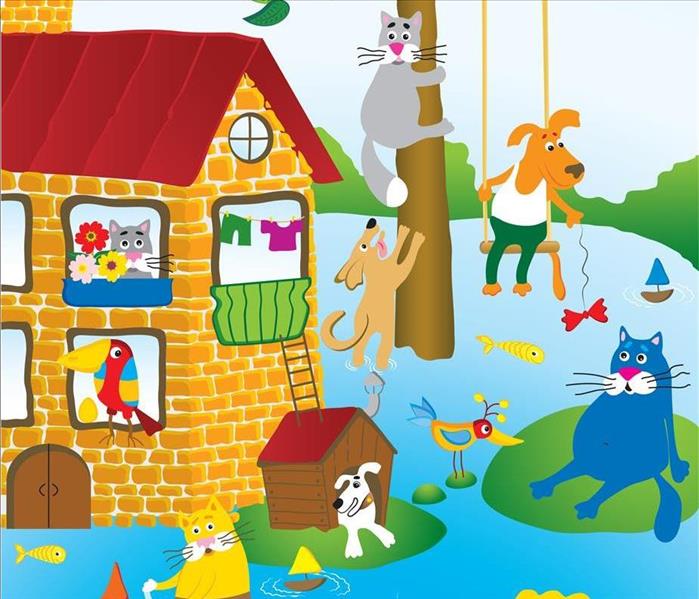 cartoon of flooded house, with animals everywhere