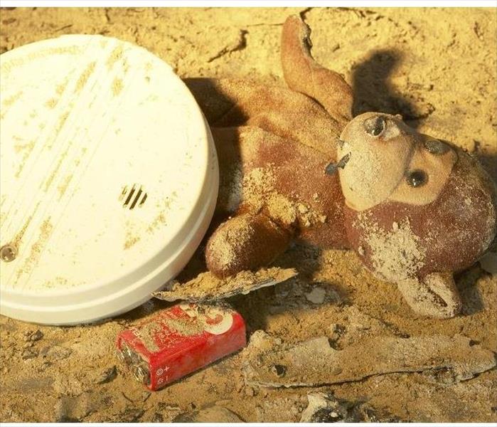 fire damaged monkey by smoke detector; debris on floor